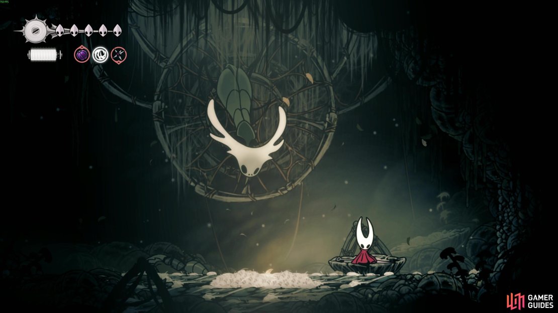 Battle some rat baddies to get a new friend and a second Sinner&rsquo;s Road bench to the far east of the zone. Image via Gamer Guides / Team Cherry.