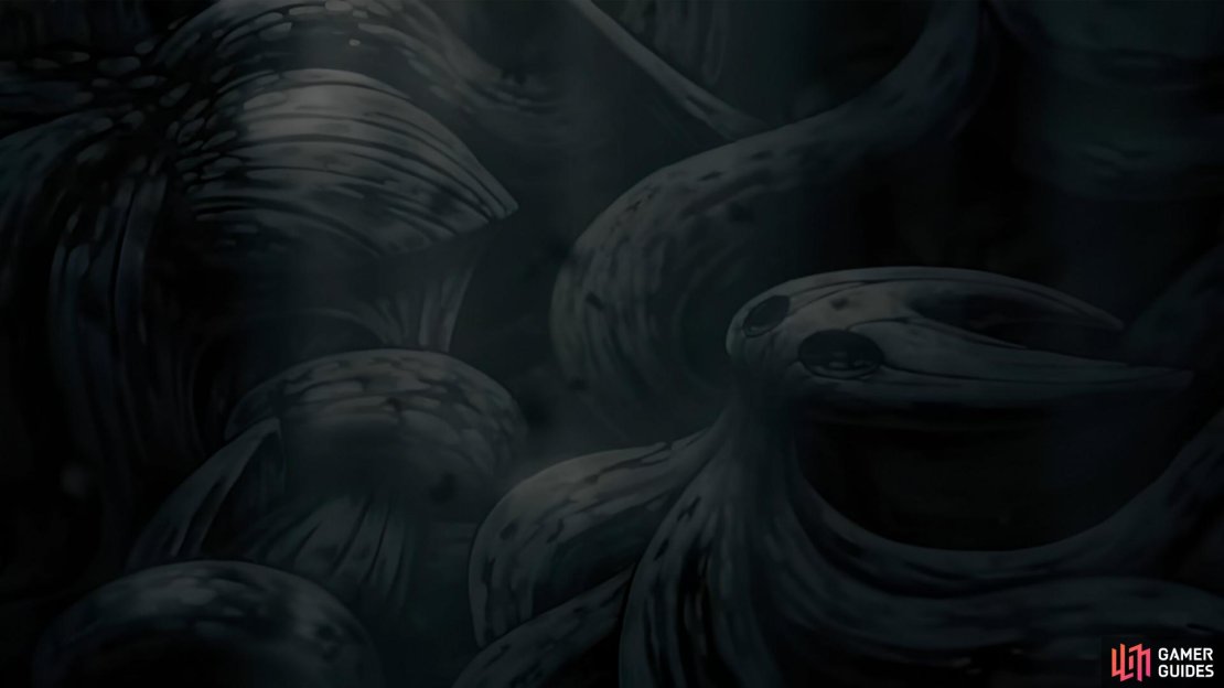The parasite inside you wins, and you become one with the Greyroot and its Twisted Bud. Image via Gamer Guides / Team Cherry.