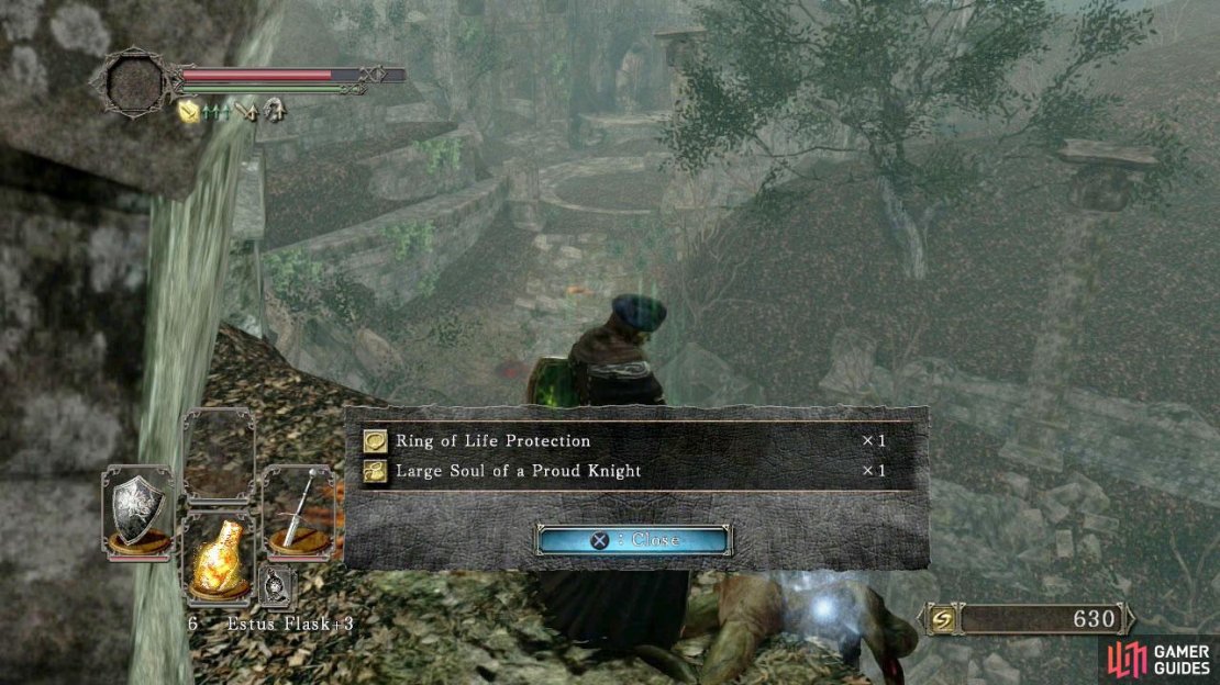 The ring&rsquo;s location in the Shaded Woods level (to the left, just past the bonfire with the stairs either side of it).