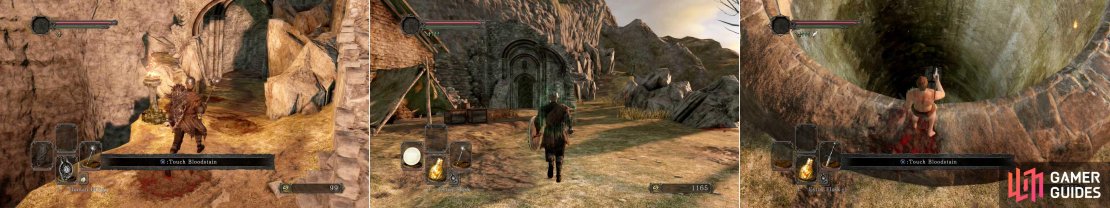 The entrances to: Forest of Fallen Giants (Left), Hiede&rsquo;s Tower of Flame (Middle) and The Pit/Grave of Saints (Right)