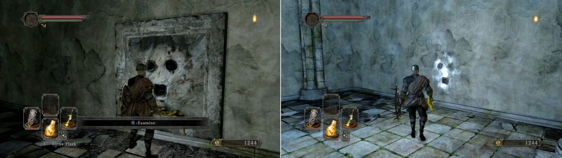 If you have a Pharros Lockstone on you then you can place it into the mouth of the statue on the wall here and it&rsquo;ll reveal a hidden wall that you must strike to reveal a hidden room behind