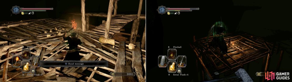 Smash the pot in the corner, turn back a bit and then perform a running jump off the edge and to the platform down below (there’ll be two undead on this new platform).