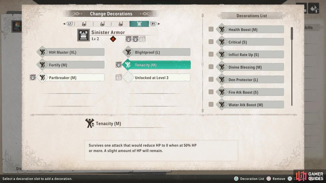 Most weapons and armor have decoration slots - up to three - which you can use to install decorations that customize your gear.