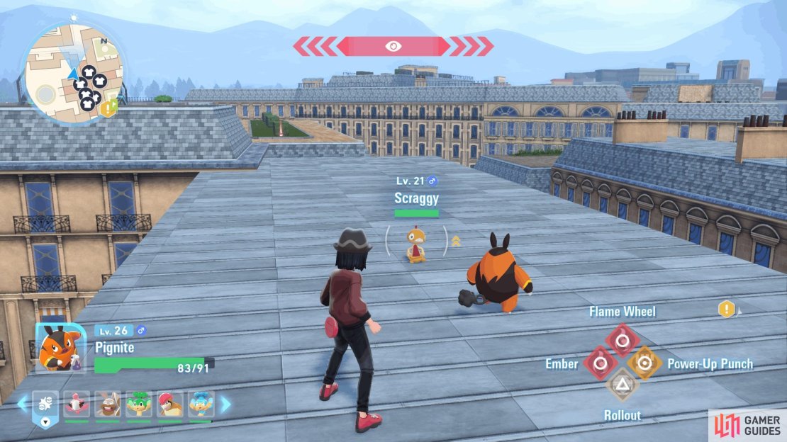 Scraggy can be found on the rooftop to the southwest of Wild Zone 16