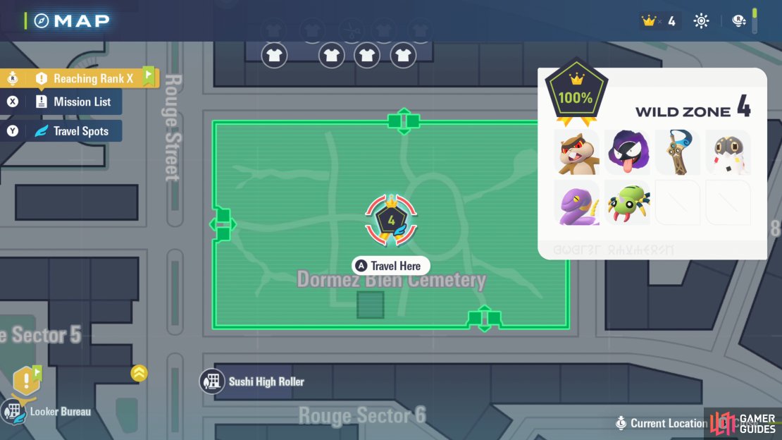Wild Zone 4 is located to the northeast of the Looker Bureau.