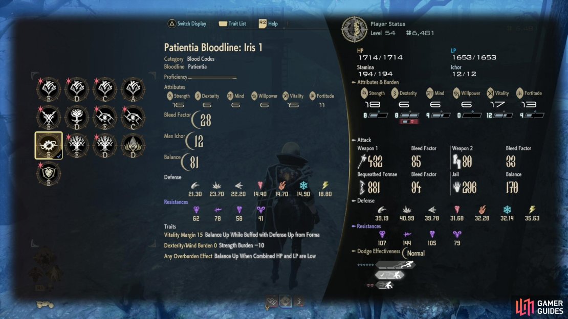 Equip Blood Codes to apply their stat and attributes bonuses and traits>