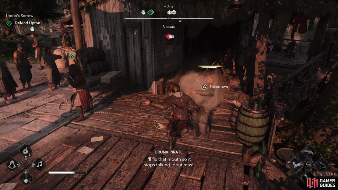 Beat up the tavern-goers that Upton provokes,