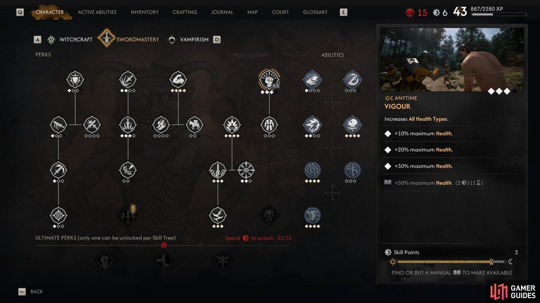 The Swordmastery tree has numerous general perks, like Vigour, which increases maximum health,
