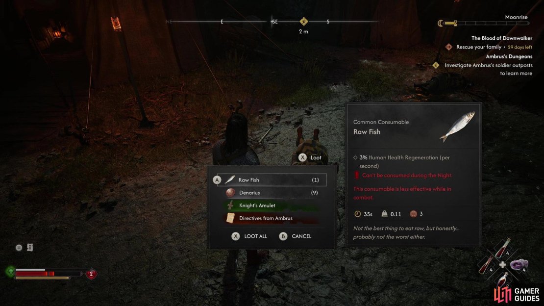 Kill the two guards outside and loot one for some “Directives from Ambrus” to learn more about the goings-on in the camp,