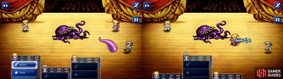 Ultros is stronger this time and Tentacle can hit for a fair amount of damage. However, Chainsaw, Cyan&rsquo;s Bushido or Sabin&rsquo;s Blitzes will wreck him in minimal turns.