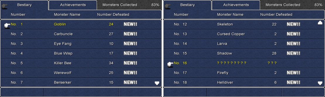 Screenshots display the partial list of what you will see when speaking with the Bestiary Man.