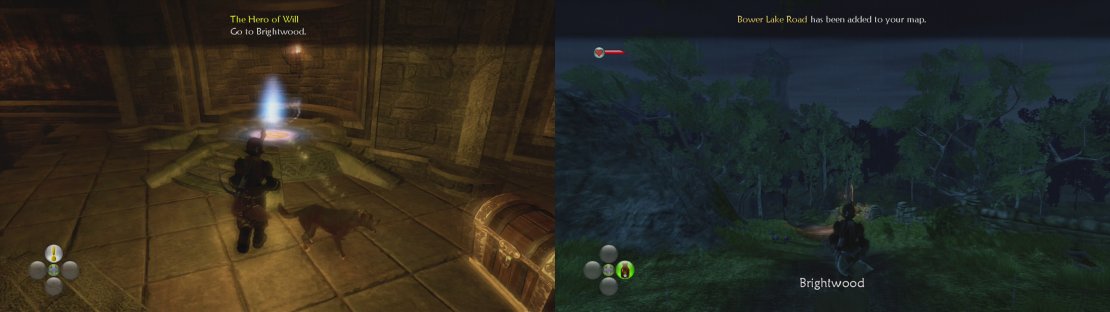 Use the Cullis Gate to leave the Hero’s Guild (left) and then make your way to Brightwood (right).