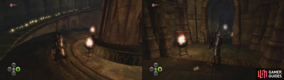 Grab the silver key from the open doorway at the top of the circular staircase.