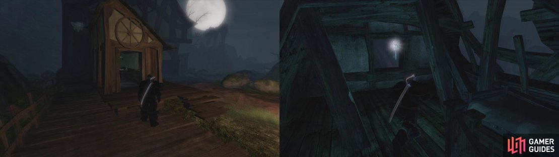 Keep an eye out for the gargoyle (left) and make sure you enter the building to the left of the entrance to the next swamp for a silver key (right).