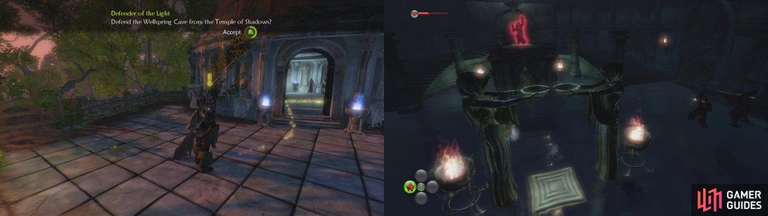 Start this quest at the Temple of Light in Oakfield (left). Its time to clean up the Wellspring Cave&hellip; Again (right).
