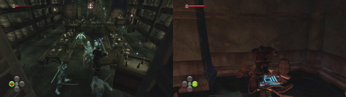 Once inside the cave, fight off the the ghots pirates (left) and then look for the pressure plate beneath the destructibles int he next room (right).