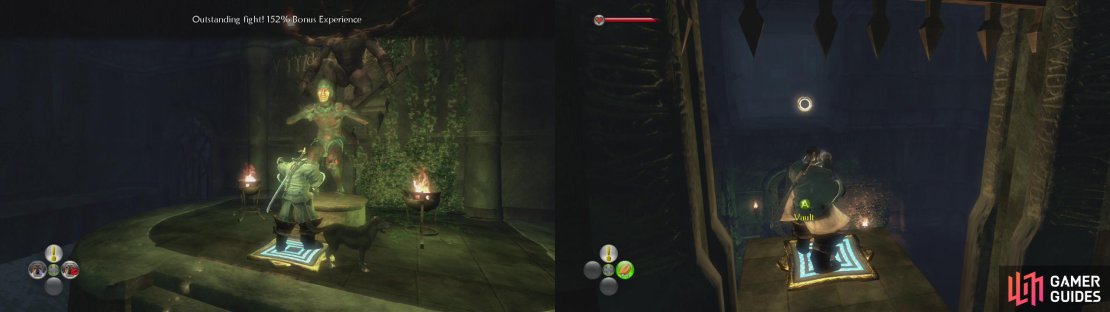 Use the chicken expression in front of the statue to open the locked doors (left). Shoot the flit switch from the platform through the left hand door to proceed (right).