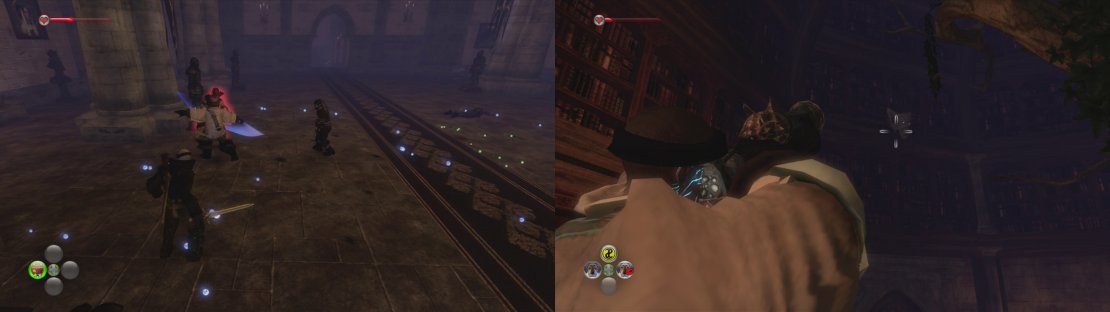Clear the bandits out of the throne room and the library. When the library is clear, shoot the gargoyle (right).