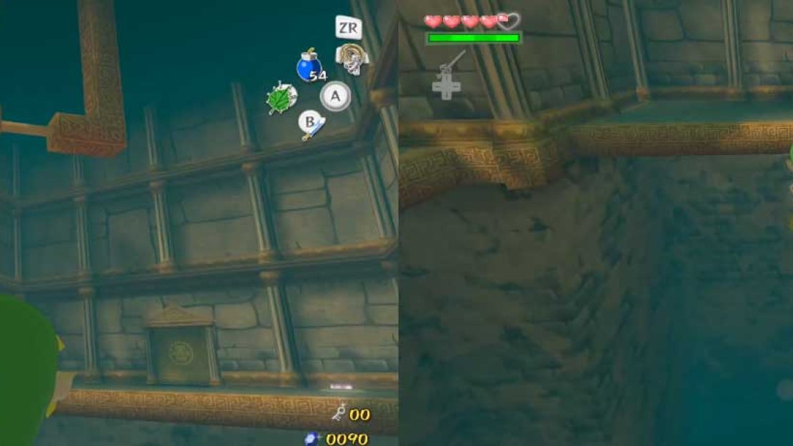 You end up in another room with a pit. Again, look up to find some Grappling Hook Sticks. Swing across to the other side. Press R while near the statue’s pillar to call it.