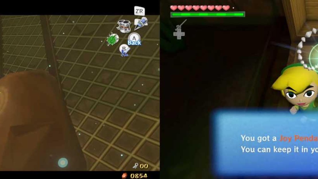 If you did it correctly, the Hookshot will drag the stone down and break it (if you were in a corner, it shouldn’t damage you). Go into the cell and open the chest to get a Joy Pendant.