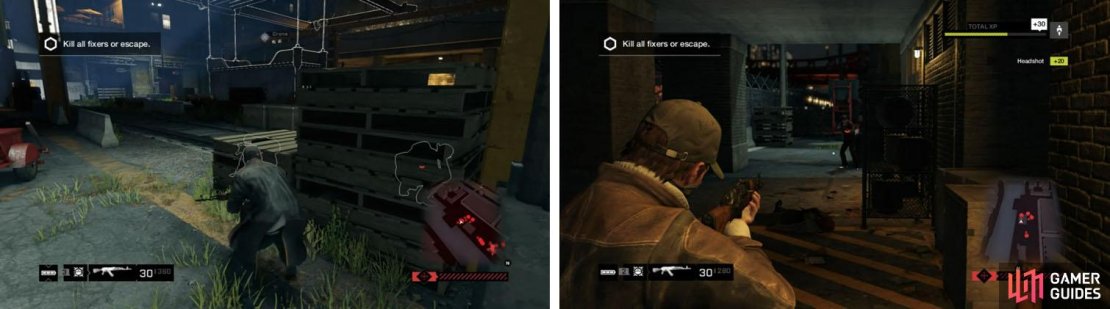 Stay on the move to avoid being surrounded (left) and take cover from the helicopter&rsquo;s fire under building when needed (right).