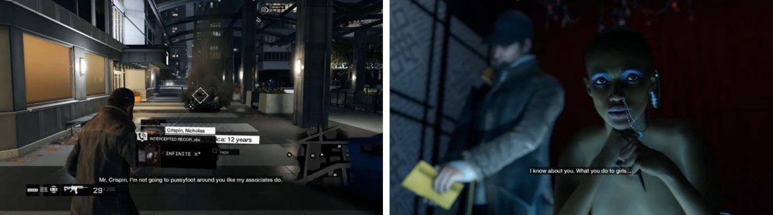 Hack into Crispin&rsquo;s phone (left) and then head to the club to get your &ldquo;special gift&rdquo; (right).