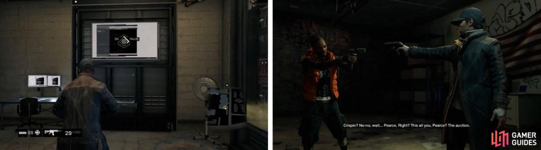 Hack into the server room to get a full download (left) and then leave to encounter Iraq (right).