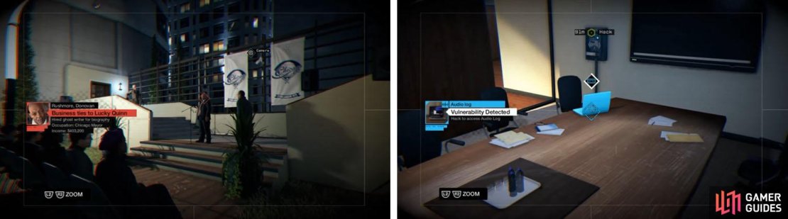 Watch the mayor&rsquo;s speech (left) and then grab the Lucky Quinn 07 audio log from the nearby conference room (right).