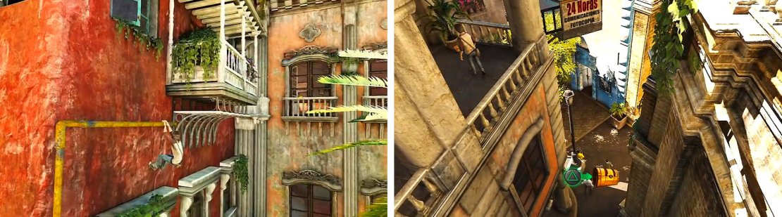 Climb the locksmith&rsquo;s building (left) and grab the treasure on the first balcony (right).