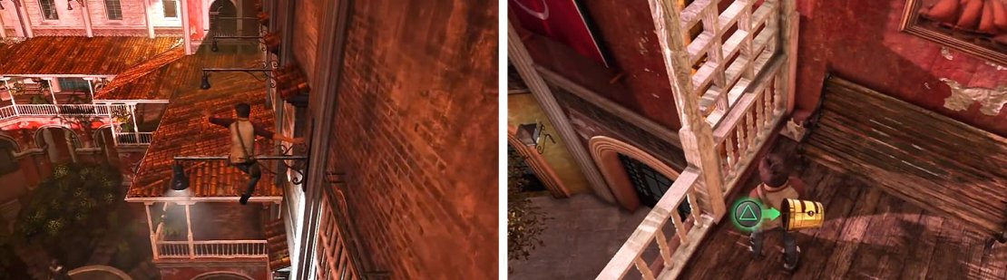 Use the lamps to reach the museum (left) and drop down to get the treasure on the balcony before entering (right).
