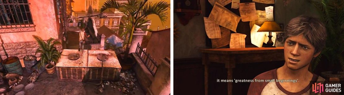 Run across the roofs (left) and escape Katherine&rsquo;s men for a final scene (right).