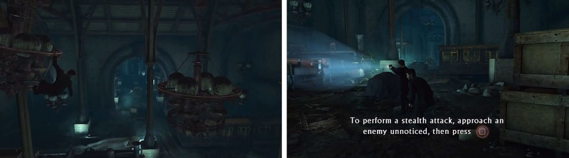 Climb across the chandeliers (left) and take out Marlowe&rsquo;s man when you drop down the other side (right).