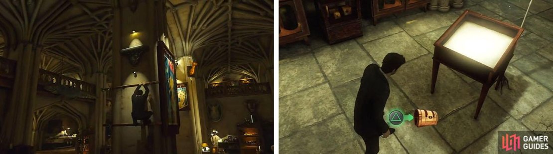 Climb up to the deer&rsquo;s head (left) and get the treasure upstairs before leaving (right).