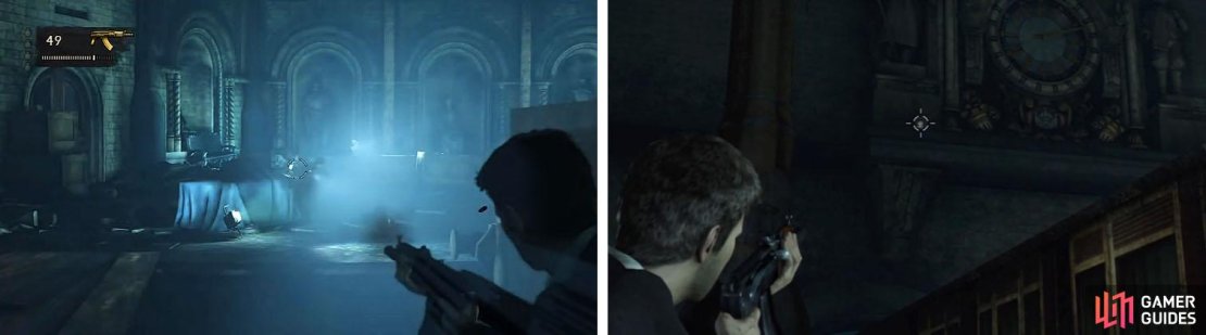 Eliminate all of Marlowe&rsquo;s men (left) and then shoot down the treasure (right).