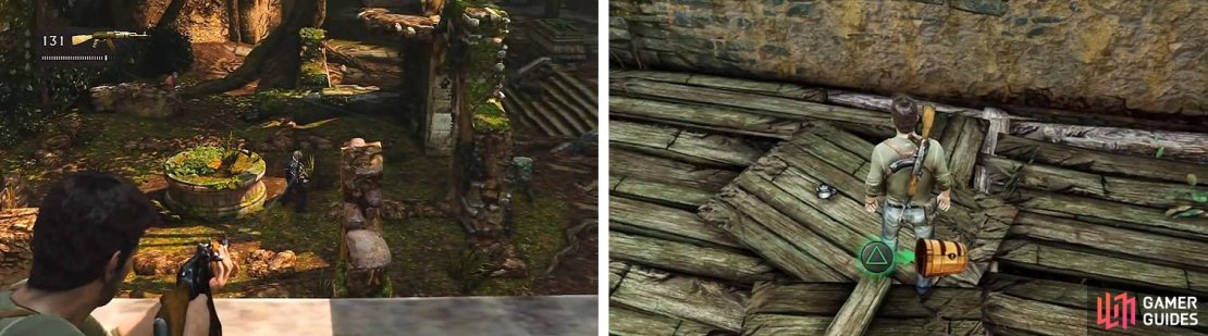 Kill off Marlowe&rsquo;s men (left) and then climb the rafters of the next area (right).