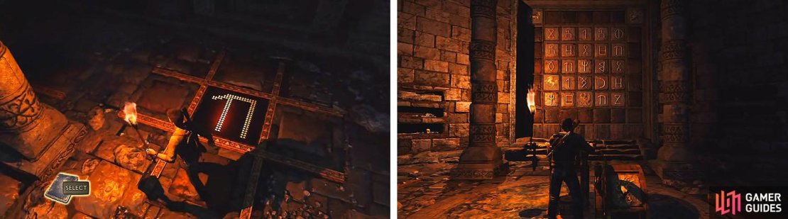 Use the illuminations (left) to figure out the emblem&rsquo;s location on the grid (right).