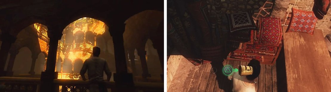 After losing Talbot (left) enter the market and turn right for the treasure (right).