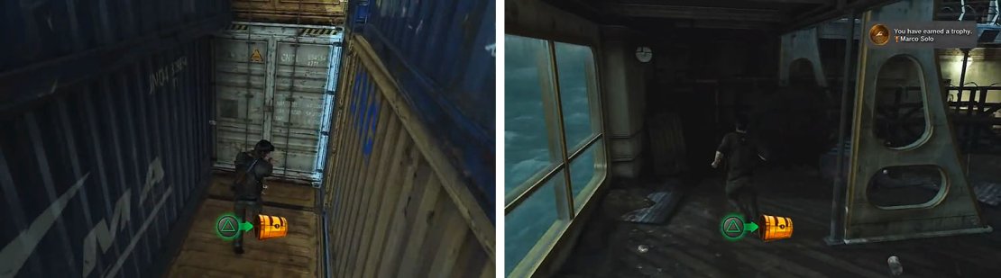 Grab the treasure on the shipping crates (left) and to the left of the pool (right).