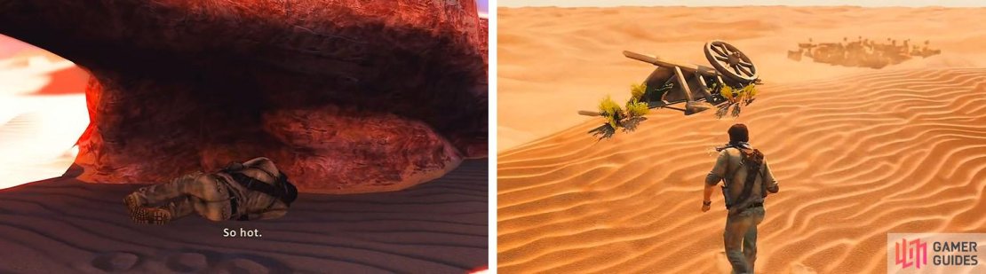 Walk through the desert across many days to finally reach the settlement (right).