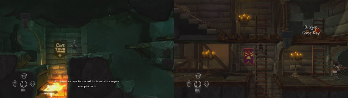 Drop down the flaming pit using the knight&rsquo;s special ability (left). After speaking to the King and the Princess, continue into the tower (right).