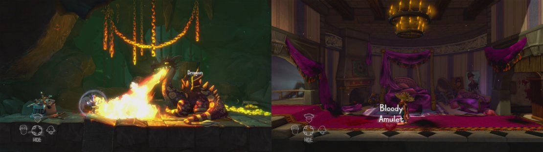 Use the knight&rsquo;s special ability to distract the dragon (left) whilst an ally steals his treasure. Return to the Princess&rsquo;s Room in the keep for the Bloody Amulet (right).