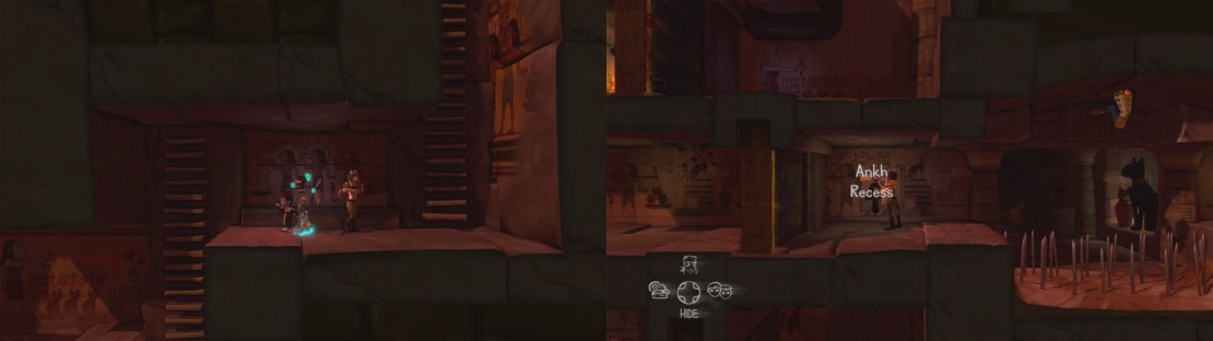 Move your characters up to the picture on the wall for an achievement/trophy (left). Grab the Ankh from below and insert it in the Ankh Recess at the top of the pyramid (right).