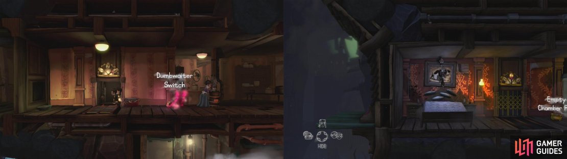Use the Twins&rsquo; special ability to go up the lift (left). Jump on the bed for an achievement/trophy and then grab the Chamber Pot (right).