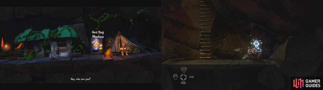 Find the hunter and grab the tape recorder that she throws at you (left). Climb down the ladder and pick up the Cave Painting (right).