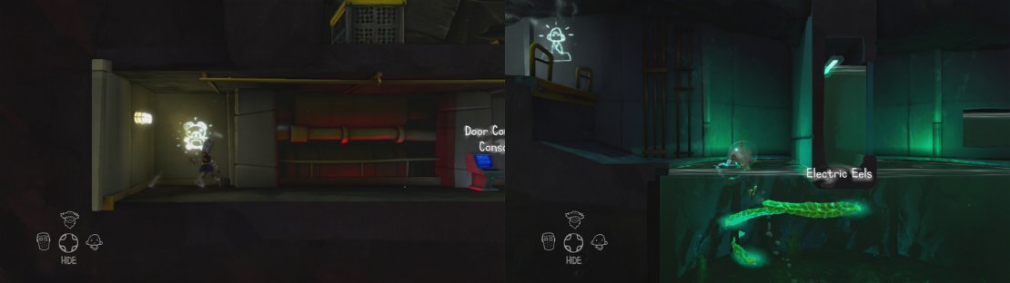 Grab the Cave Painting below the monster room (left). Hop into the eel pool to charge the battery and find the cave painting on the left (right).