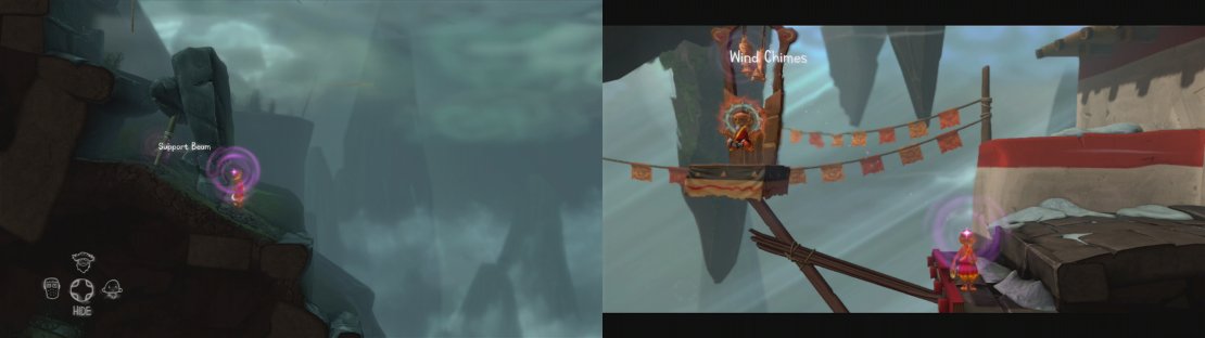 As you climb the mountain, use the monk&rsquo;s special ability to remove the support (left) and to interact with the wind chimes at the top (right).