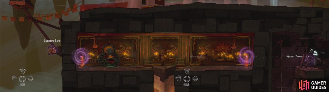Use the monk&rsquo;s ability to unscrew the bolt (left) and the support (right).