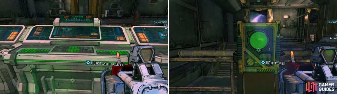 You&rsquo;ll need to hit the three consoles in the correct order (left), then you will have to hit five buttons to activate force fields (right).
