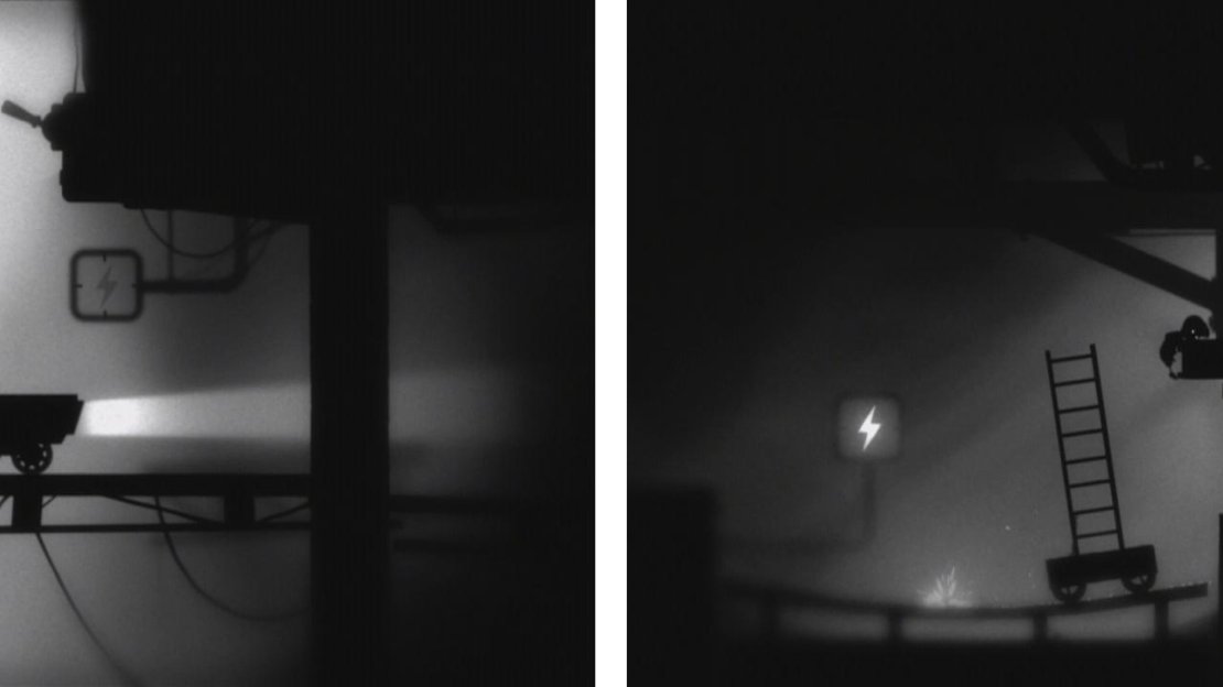 Head right and position the mine cart below the lever above (left). Use the power switch and the cart with the ladder to jump to the upper platform (right).