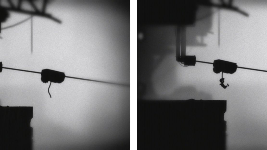 Invert gravity to get the flying fox to appear (left). Return gravity to normal and hop onto the rope beneath the flying fox to continue (right).